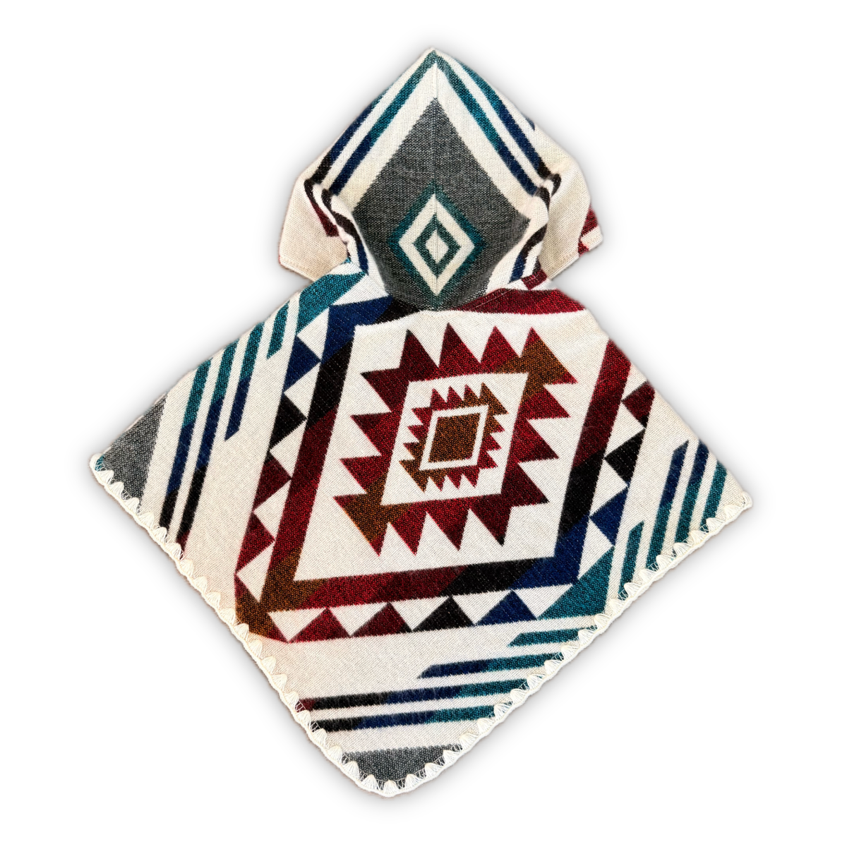A hooded poncho with a Southwestern geometric pattern in cream, red, blue, and gray, shown on a plain white background.