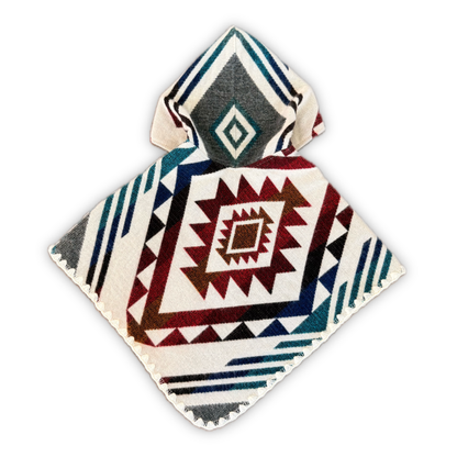 A hooded poncho with a Southwestern geometric pattern in cream, red, blue, and gray, shown on a plain white background.