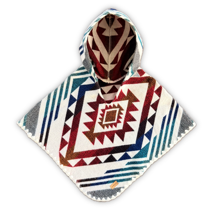 A hooded poncho with a Southwestern geometric pattern in red, blue, beige, and gray, displayed against a solid white background.